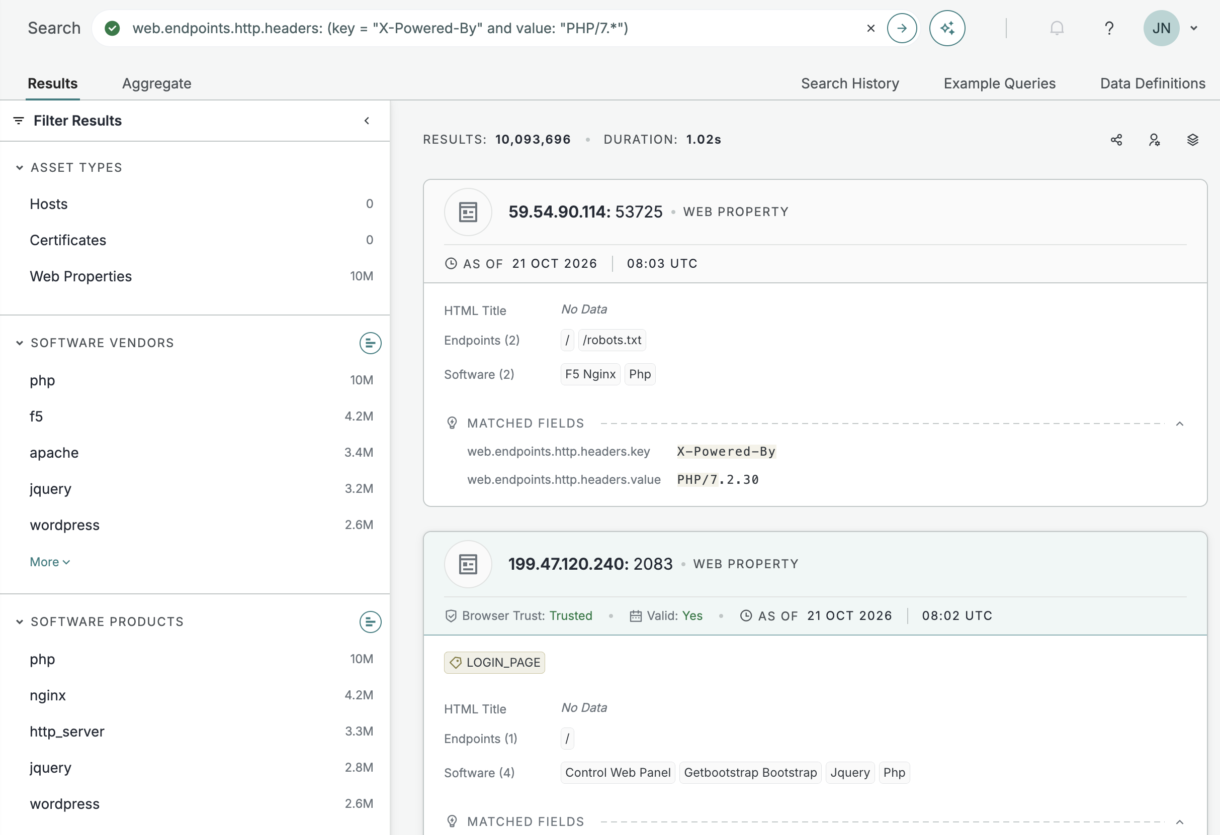 Censys search showing 10,093,696 web properties matching an X-Powered-By header for PHP 7.X.