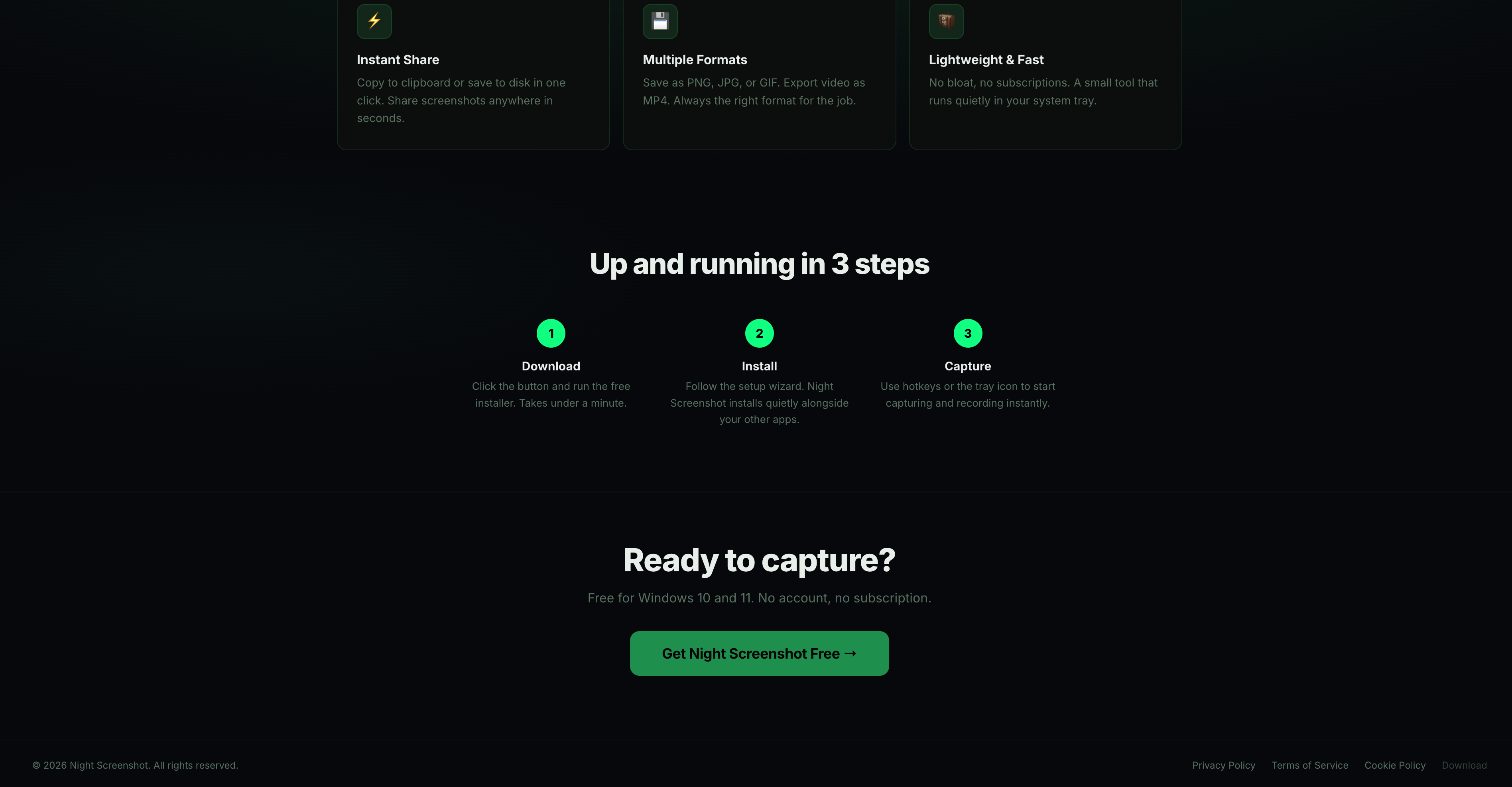 Lower half of the NightScreenShot website with generic feature and install sections