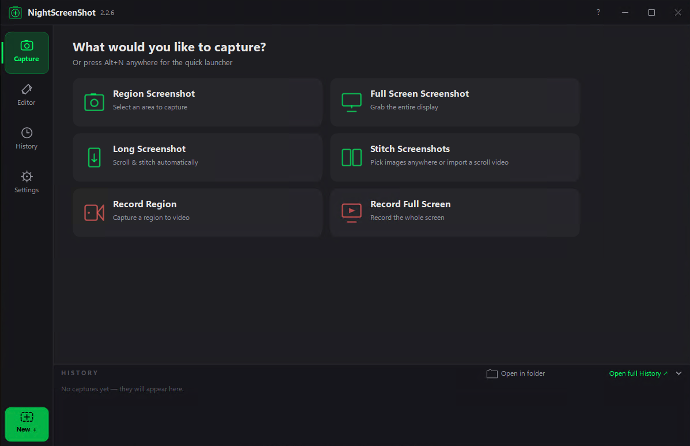 NightScreenShot application window showing screenshot and recording options