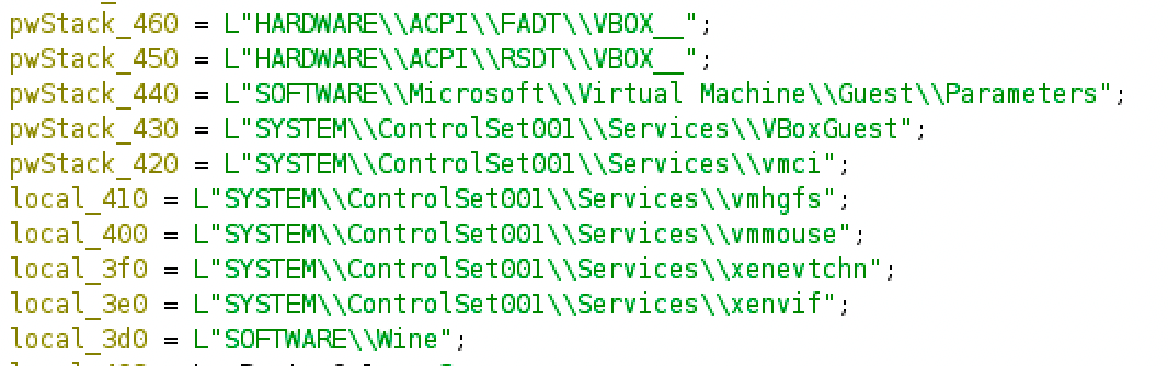 Decompiled registry paths NSSUpdater checks to detect VirtualBox, Hyper-V, VMware, Xen and Wine